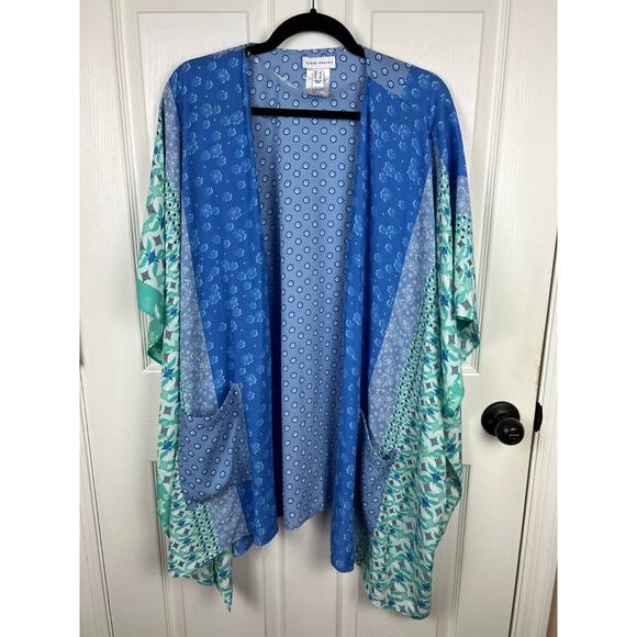 Susan Graver Patchwork Kimono Topper Blouse Large Blue Green Pockets - Picture 6 of 7